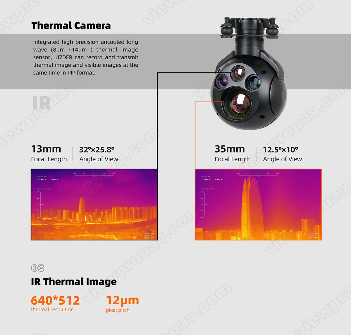 ViewPro U7DE Dual EO Sensors Gimbal, The ViewPro U7DE camera features a Thermal Camera with high-precision uncooled long wave thermal image sensor for capturing thermal and visible images simultaneously.