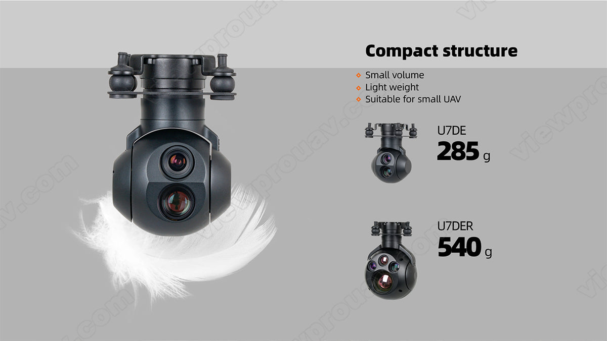 ViewPro U7DER Gimbal, Compact gimbal design for small UAVs with lightweight features, including UZDE-2859 and UZDER-5409 models.