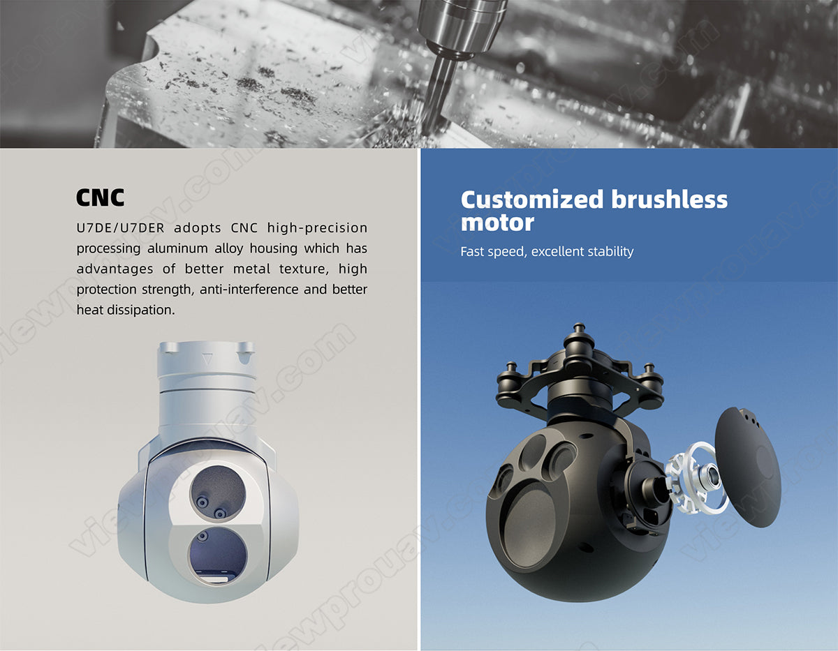 ViewPro U7DER Gimbal, CNC Customized brushless UZDE/UZDER features CNC processed aluminum alloy housing with fast speed, stable performance, and excellent heat dissipation.