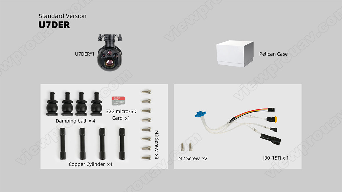 ViewPro U7DER Gimbal, U7DHER Gimbal standard version includes Pelican Case, micro-SD Card, and various components for aerial photography.