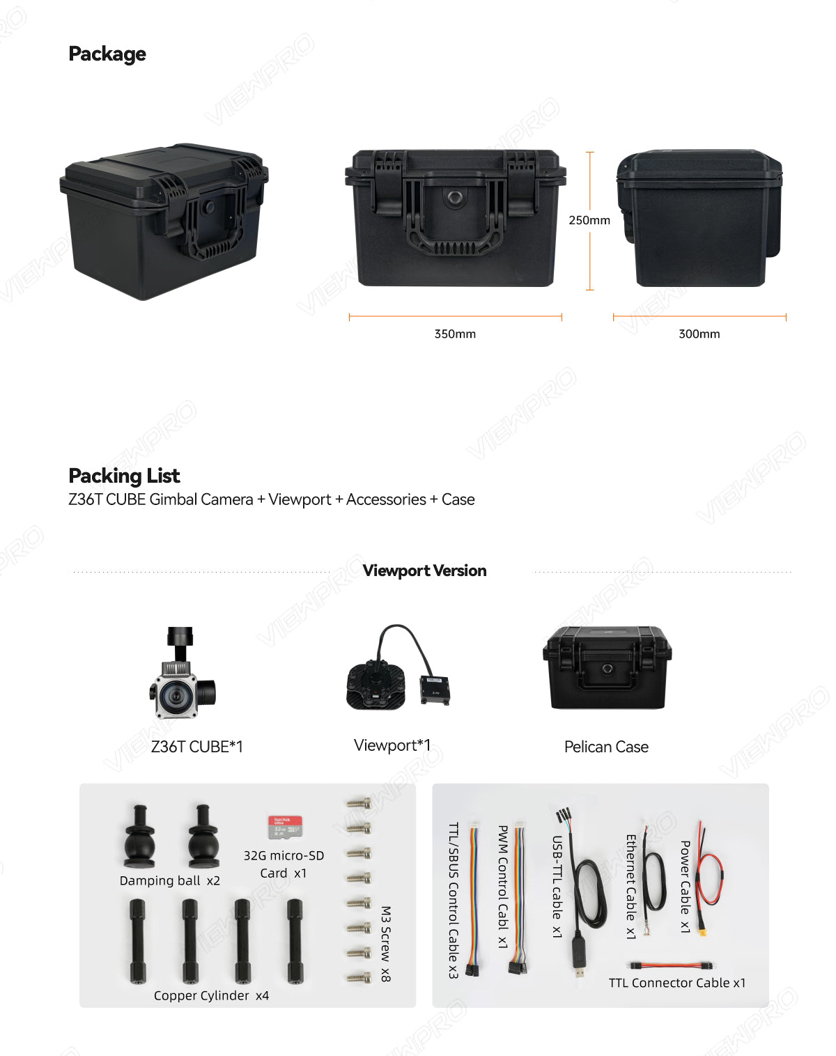 Package includes ViewPro Z36T gimbal camera with accessories and case