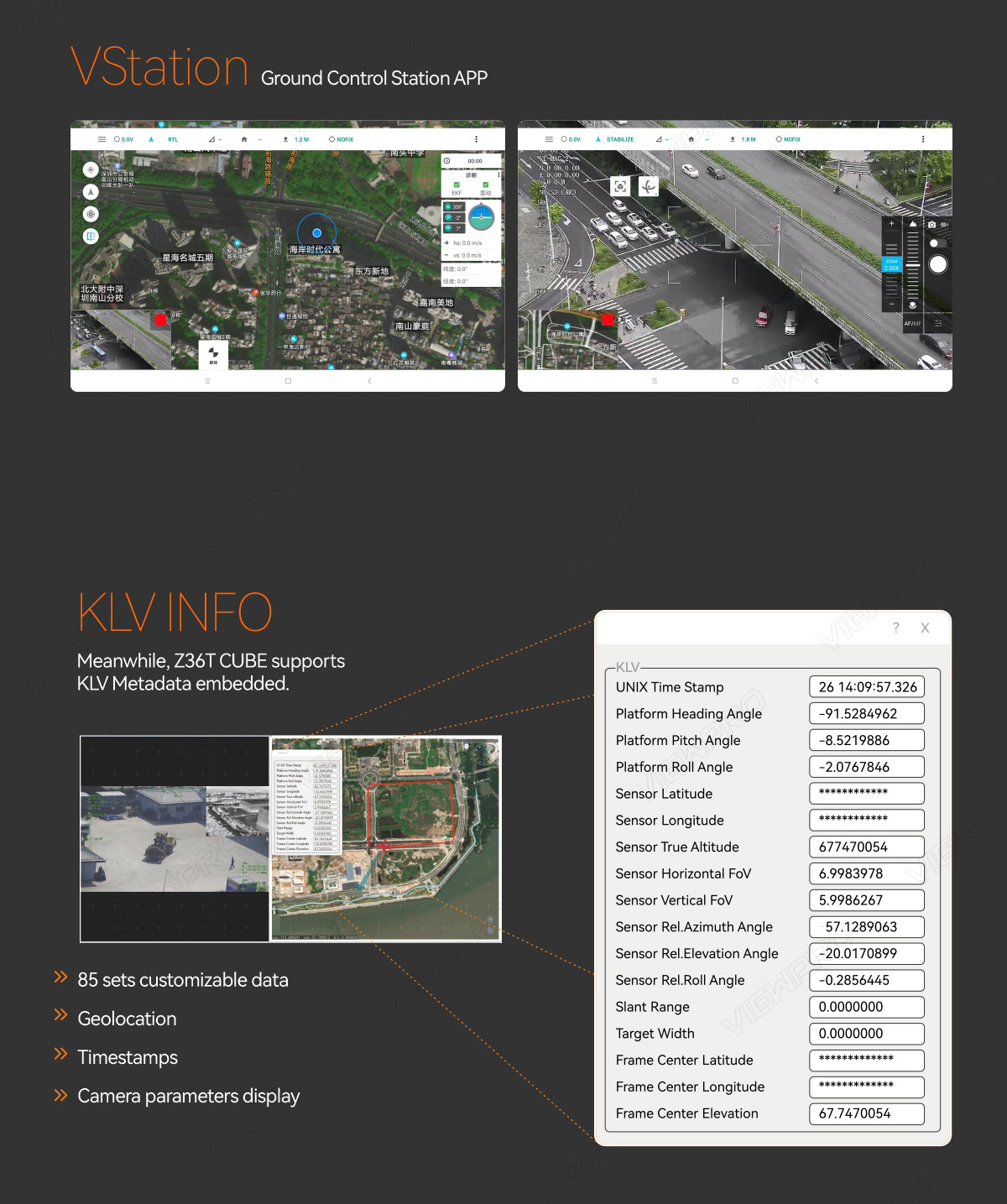 The ViewPro Z36T Gimbal is a product image with platform heading and sensor data, including angles and coordinates.