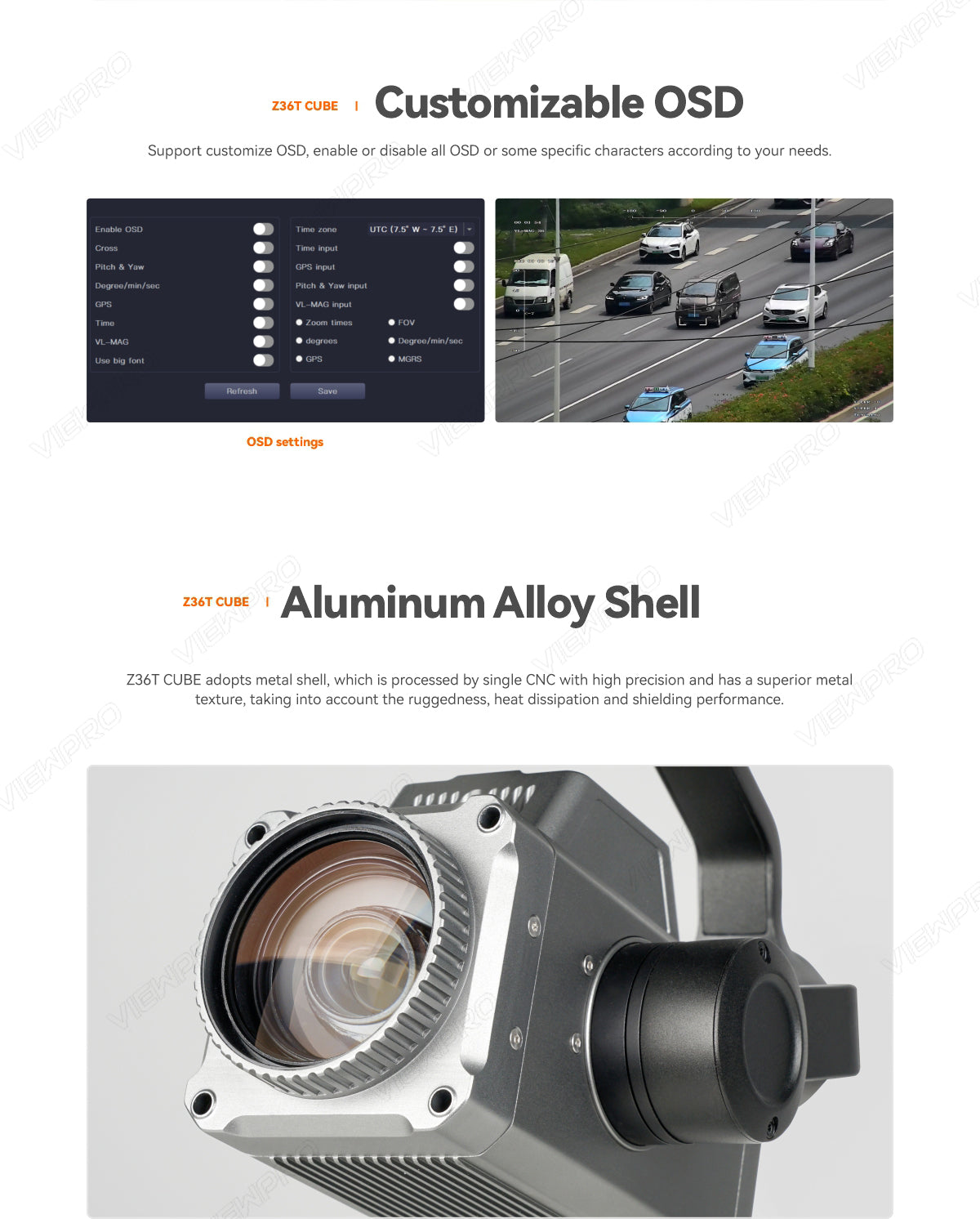 The ViewPro Z36T Gimbal features customizable OSD support, GPS input capabilities, and VL-MAG input with Tine H FOV countdown.