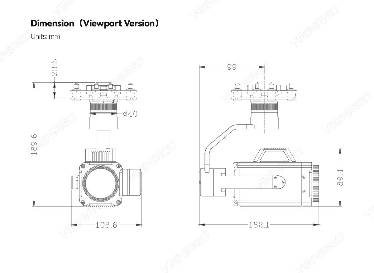 The ViewPro Z36T Gimbal measures 640mm x 106.6mm x 82.1mm in size.