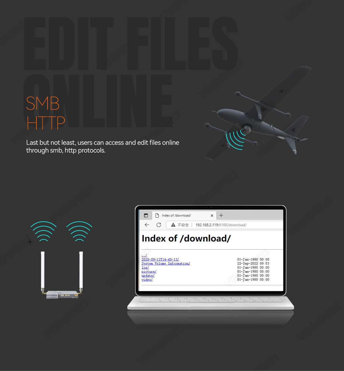 ViewPro Z36T Gimbal, Users can access and edit files online through SMB and HTTP protocols.
