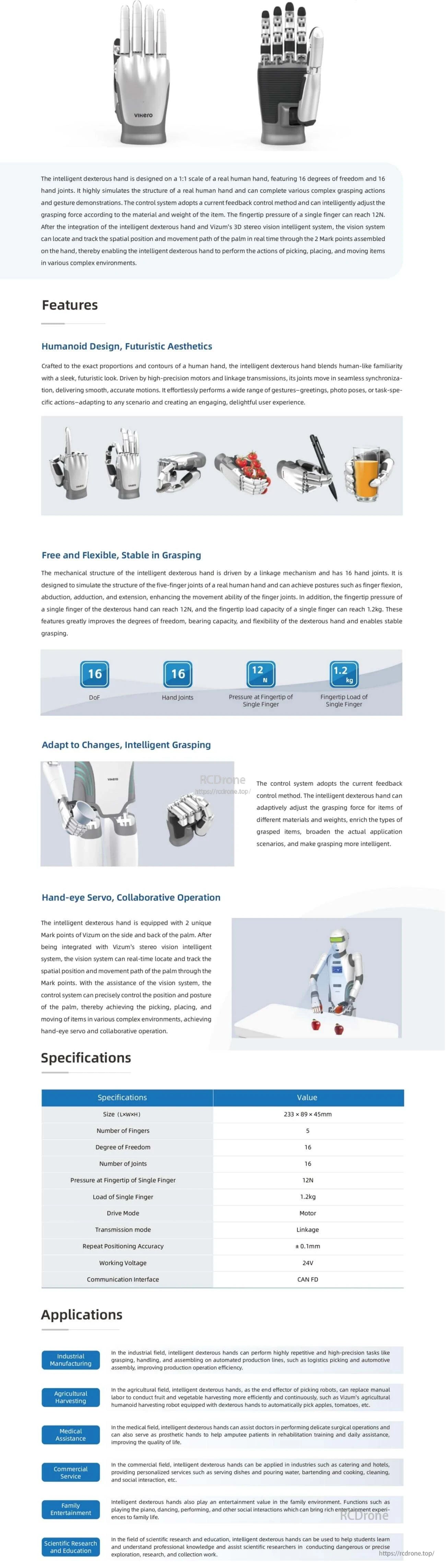 Vizum Intelligent Vihero Dexterous Robot Hand, Vizum Vihero's 16-DoF robot hand mimics human dexterity, uses stereo vision, and adapts grip for diverse applications.