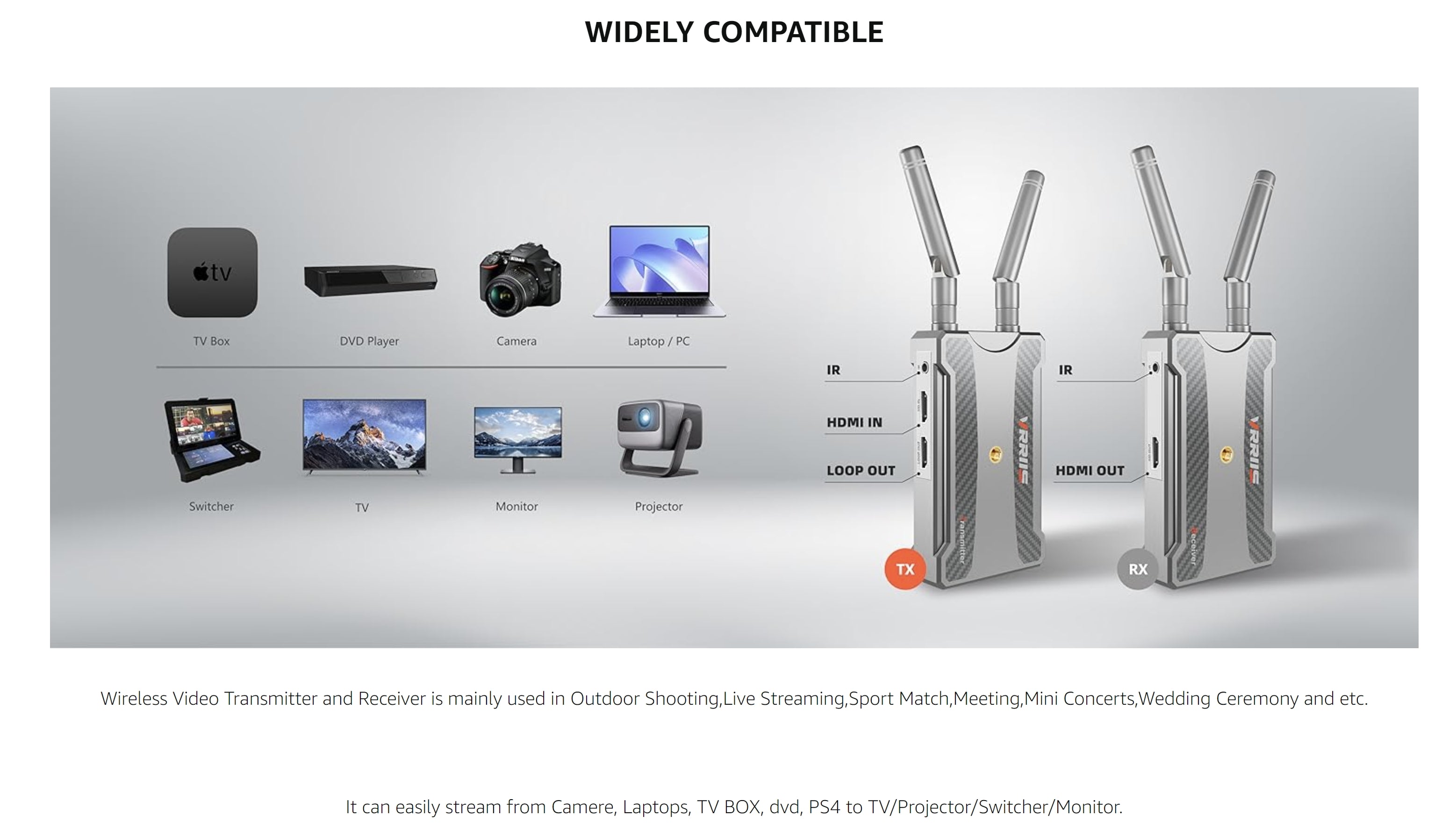 Vrriis 900S, The Viris 900S transmits high-definition video signals wirelessly up to 250 meters using 2.4GHz and 5.8GHz frequency bands.