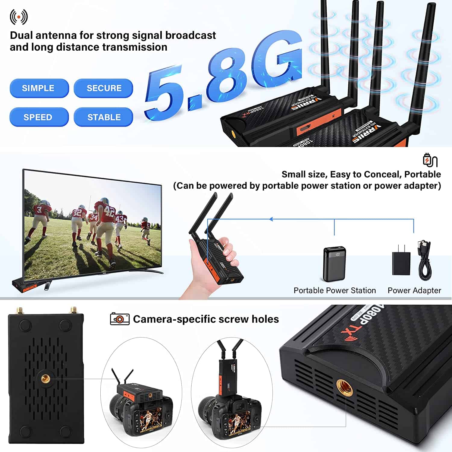 Vrriis WL009, A dual antenna device for strong signal broadcast and long distance transmission with portability and camera-specific screw holes.