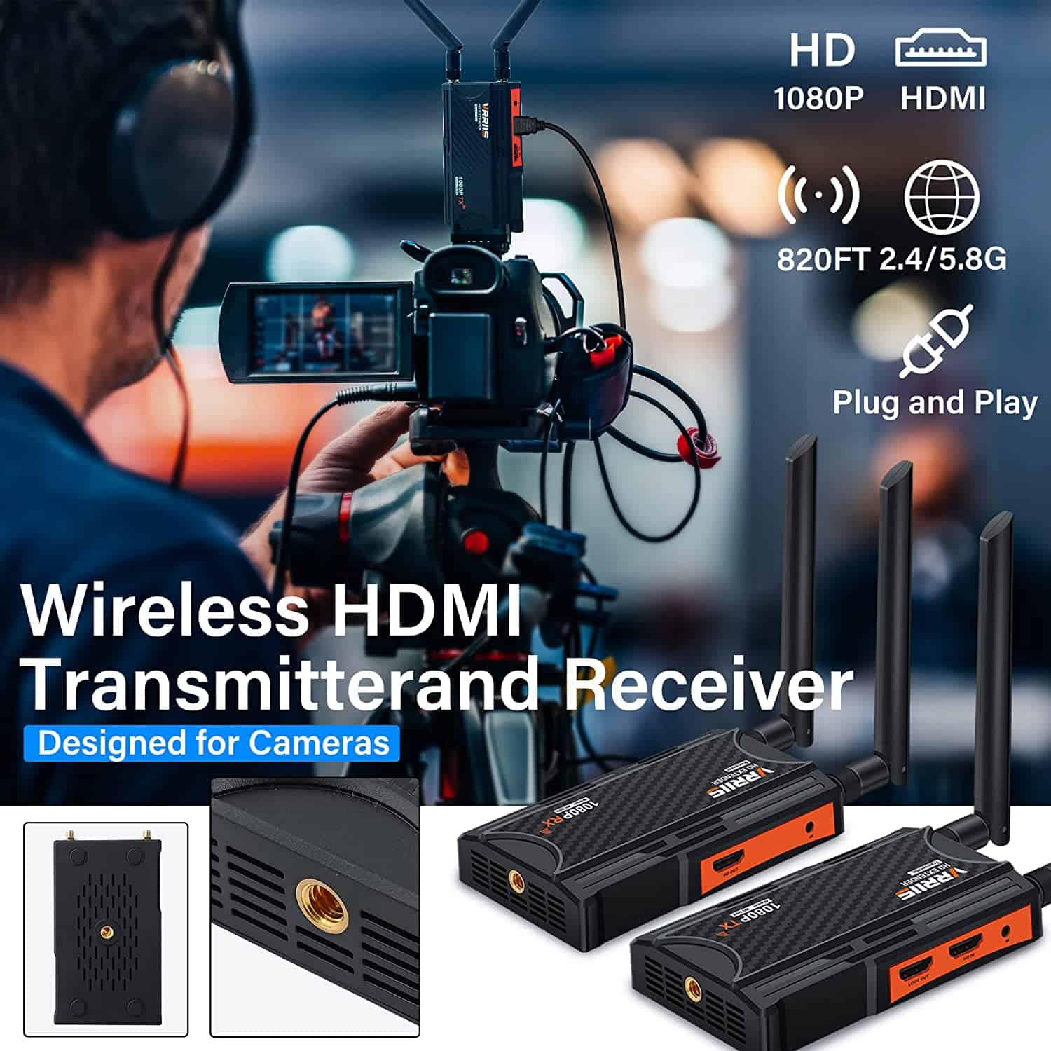 Product: Vrriis WL009 Wireless HDMI Extender supports 1080P@60HZ resolution and dual-band connectivity.