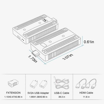 The Vrriis WL090 wireless HDMI transmitter and receiver kit supports 2.4G and 5.8G frequencies for 1080P video transmission at 60Hz resolution.