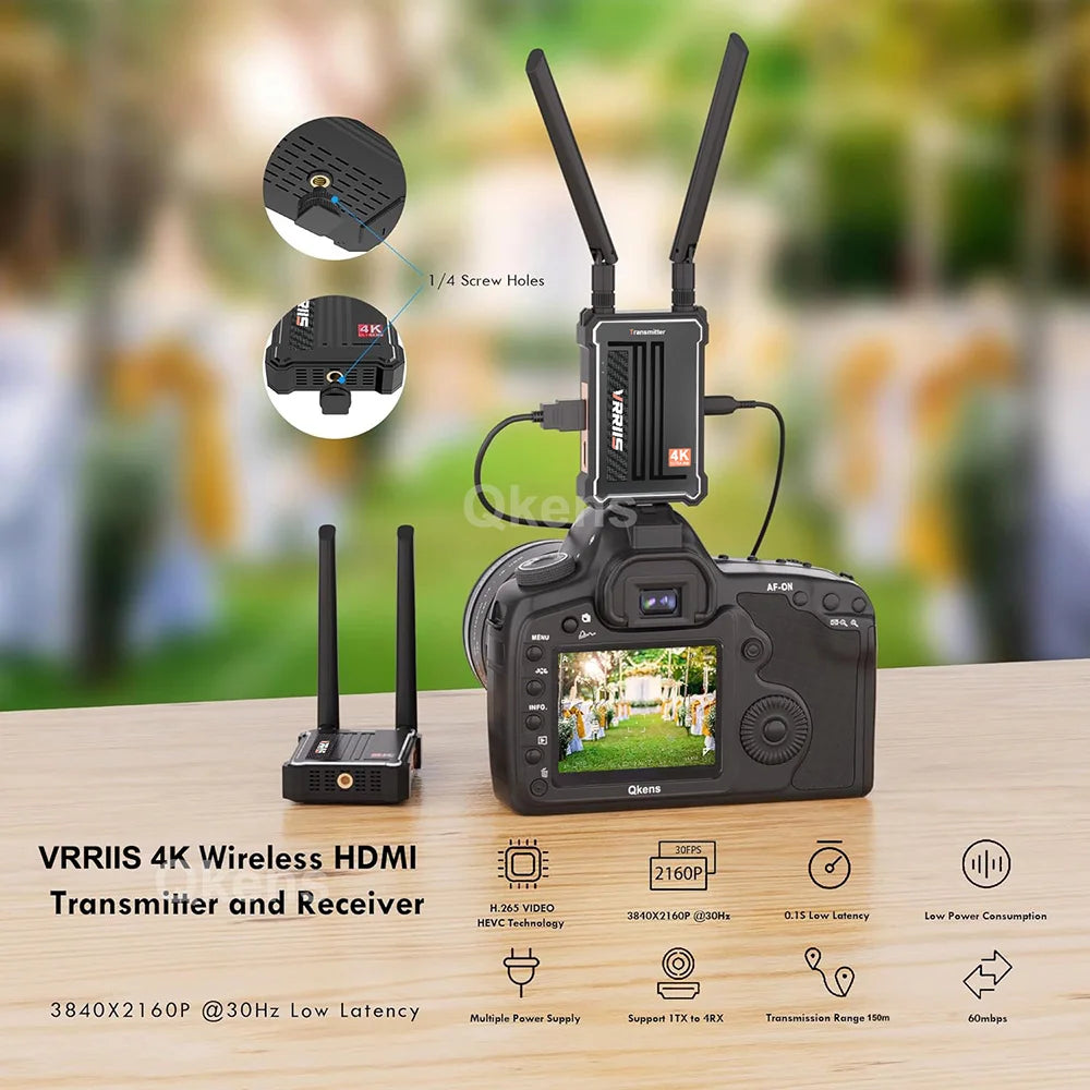 Vrriis WL095, Afon Akens SUFRS VRRIIS 4K Wireless HDMI Transmitter and Receiver features high definition video transmission, low latency, and multiple power supply options.