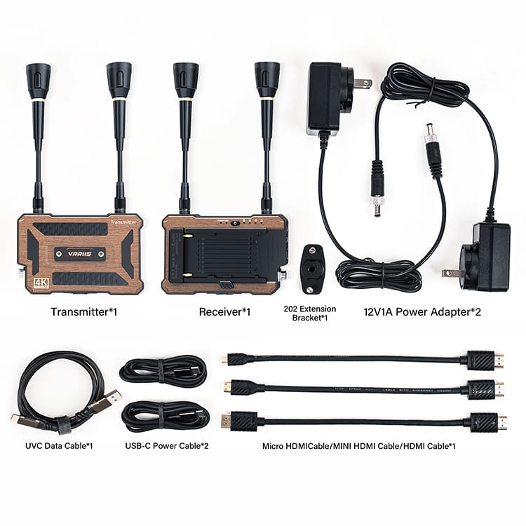 Vrriis WL096, A set of accessories for a device includes transmitter and receiver, power adapter, cables (UVC, USB-C, Mini-HDMI, and HDMI), and a bracket.