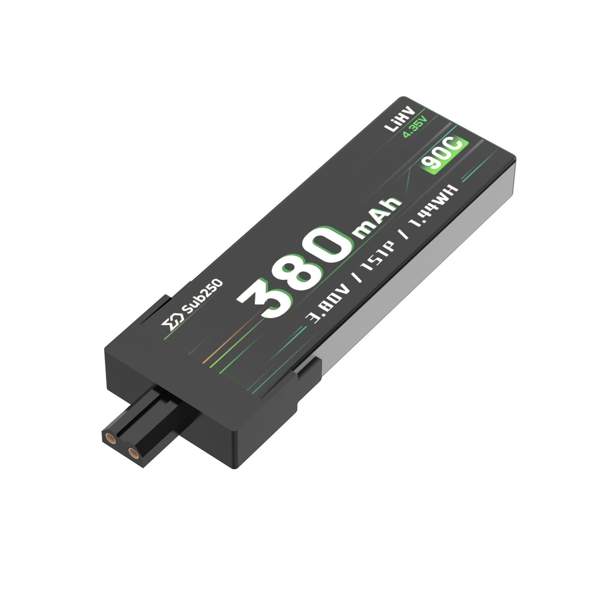 Sub250 SUB3801S90AHV 380mAh 1S 3.8V LiHV 90C micro battery with GNB27 connector, angled view