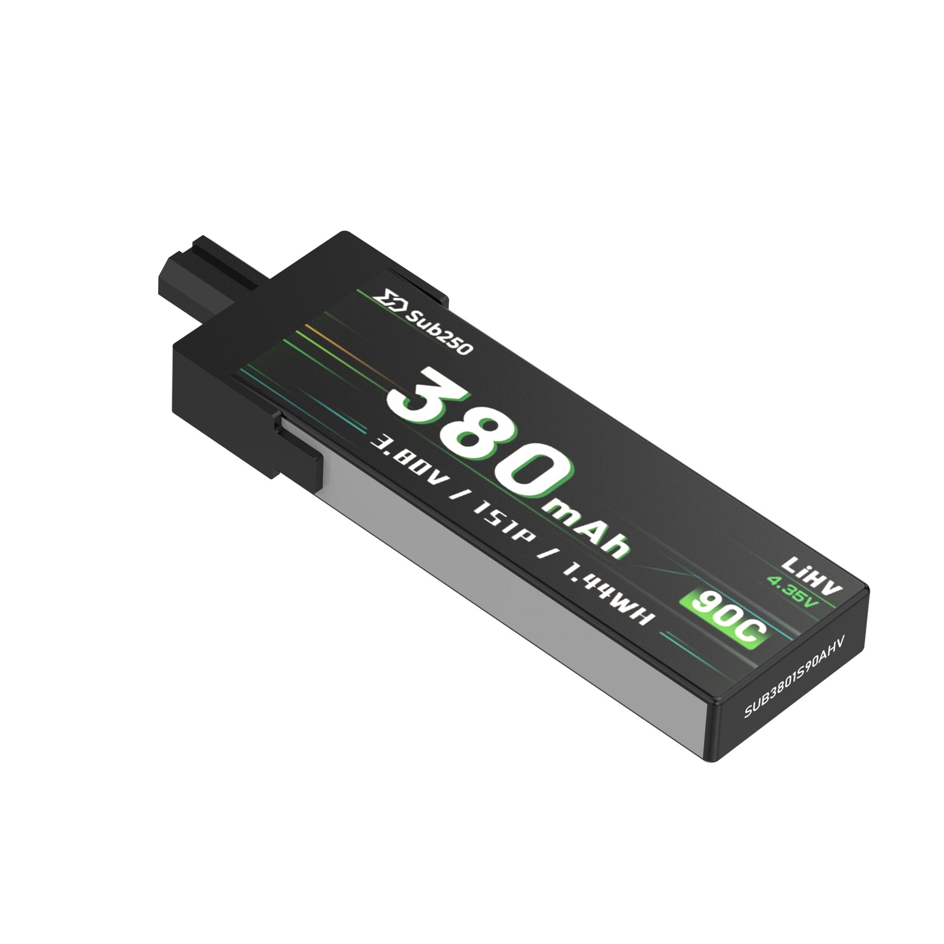Angled view of Sub250 380mAh LiHV 4.35V 90C 1S battery pack, model SUB3801S90AHV