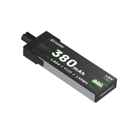 Angled view of Sub250 380mAh LiHV 4.35V 90C 1S battery pack, model SUB3801S90AHV