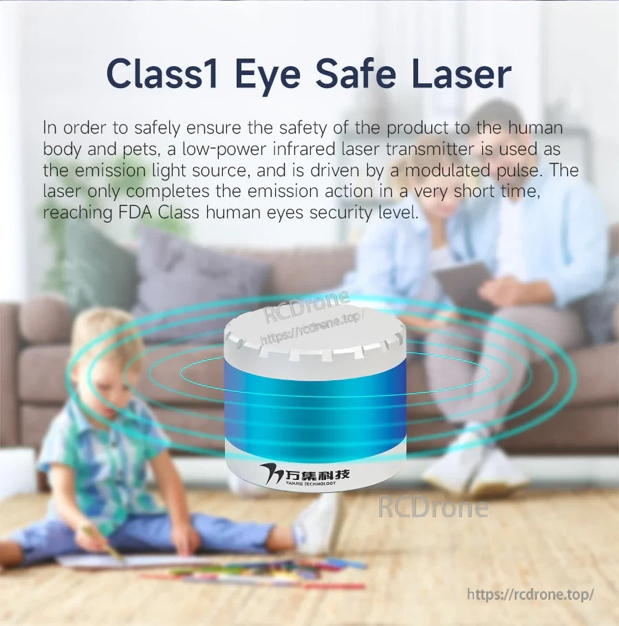 Class 1 eye-safe laser concept graphic with WLR-720 operating in an indoor living space; person in background blurred