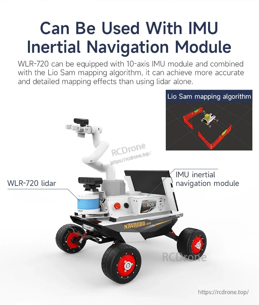 Robot platform example using WLR-720 LiDAR with an external IMU inertial navigation module and LIO-SAM mapping