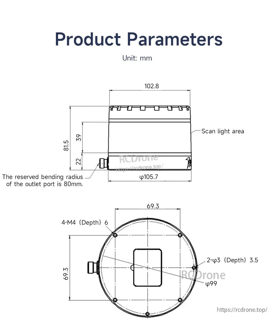 VANJEE WLR-720 LiDAR product parameter drawing with top and side views, showing dimensions and mounting holes