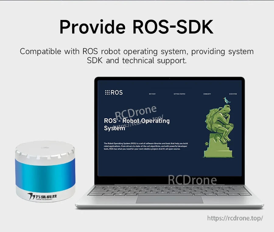 ROS-SDK support graphic with WLR-720 LiDAR next to a laptop running ROS Robot Operating System