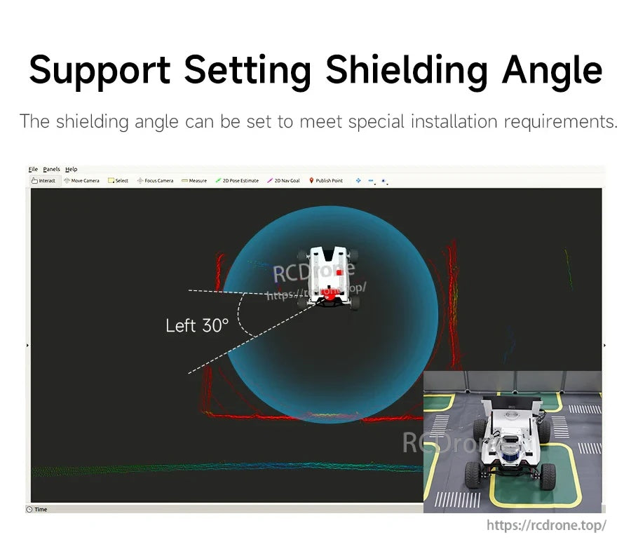 LiDAR point cloud interface showing a robot scan with a left 30° shielding angle setting and field-of-view overlay