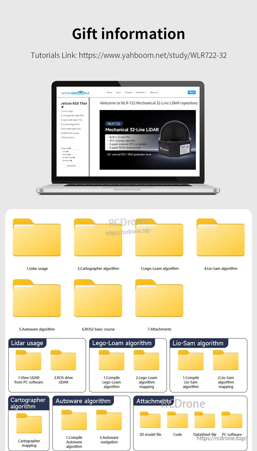Gift information screen with tutorial link and download folders for VANJEE WLR-722 32-line mechanical LiDAR software resources
