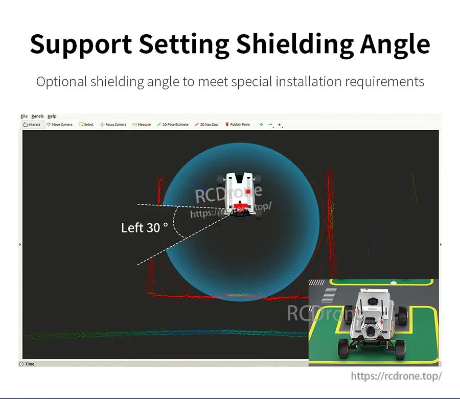 Shielding angle setting screenshot showing point cloud with left 30° masked area for installation constraints