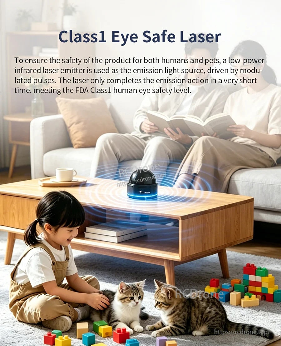 Class 1 eye-safe laser concept image with LiDAR on a table and scanning waves in a home setting
