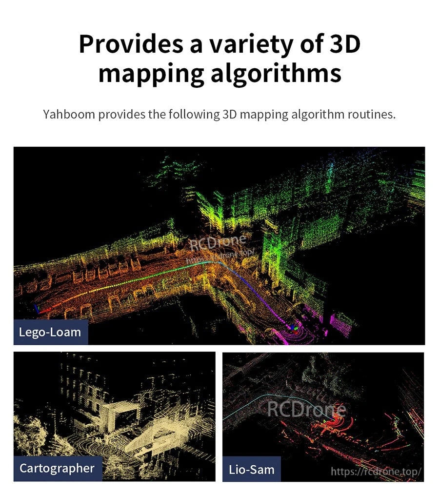 Examples of 3D mapping algorithms with colored point clouds labeled Lego-LOAM, Cartographer, and LIO-SAM