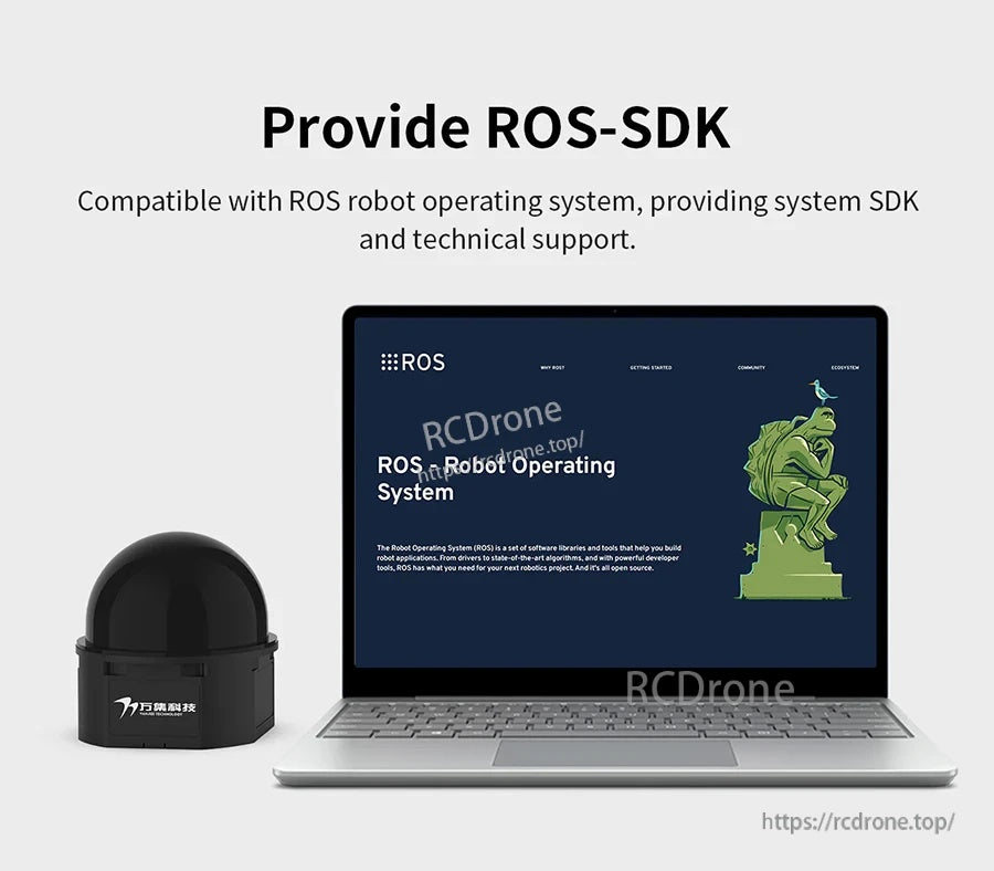 ROS-SDK support graphic with WLR-722 LiDAR next to laptop running ROS robot operating system screen