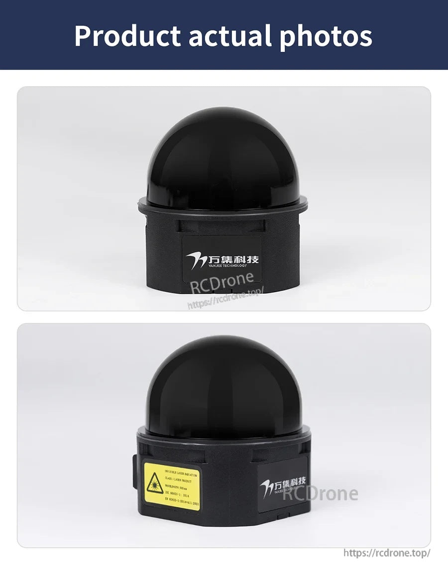 VANJEE WLR-722 mechanical LiDAR sensor with black dome housing, shown from front and side views