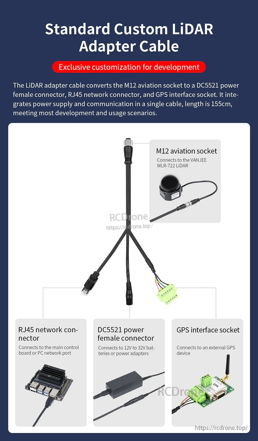 Custom LiDAR adapter cable with M12 connector to RJ45 Ethernet, DC5521 power, and GPS interface breakout