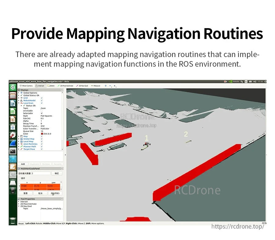 Mapping navigation routines screenshot in ROS environment showing 3D map view and configuration panels