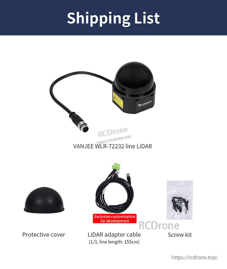 Shipping list for VANJEE WLR-722 32-line LiDAR, including sensor unit, protective cover, adapter cable, and screw kit.