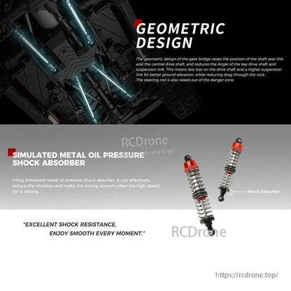 WLtoys 104020 Rc Car, Geometric design improves ground clearance and efficiency; simulated metal shock absorbers reduce vibration, ensuring smooth, high-speed performance with superior shock resistance.
