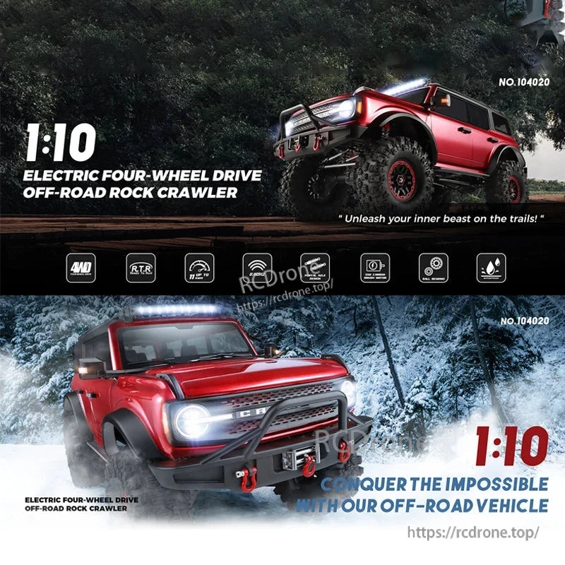 WLtoys 104020 Rc Car, 1:10 scale 4WD rock crawler (NO.104020) with 2.4G control, 7.4V battery, portal axles, winch, and RTR setup. Built for extreme terrain—snow, mud, rocks. Slogan: "Conquer the impossible!"