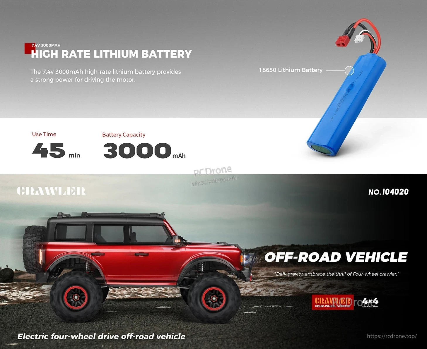 WLtoys 104020 Rc Car, A 7.4V 3000mAh lithium battery powers this electric 4x4 off-road crawler, delivering strong performance and 45 minutes of runtime for rugged terrain adventures. (24 words)