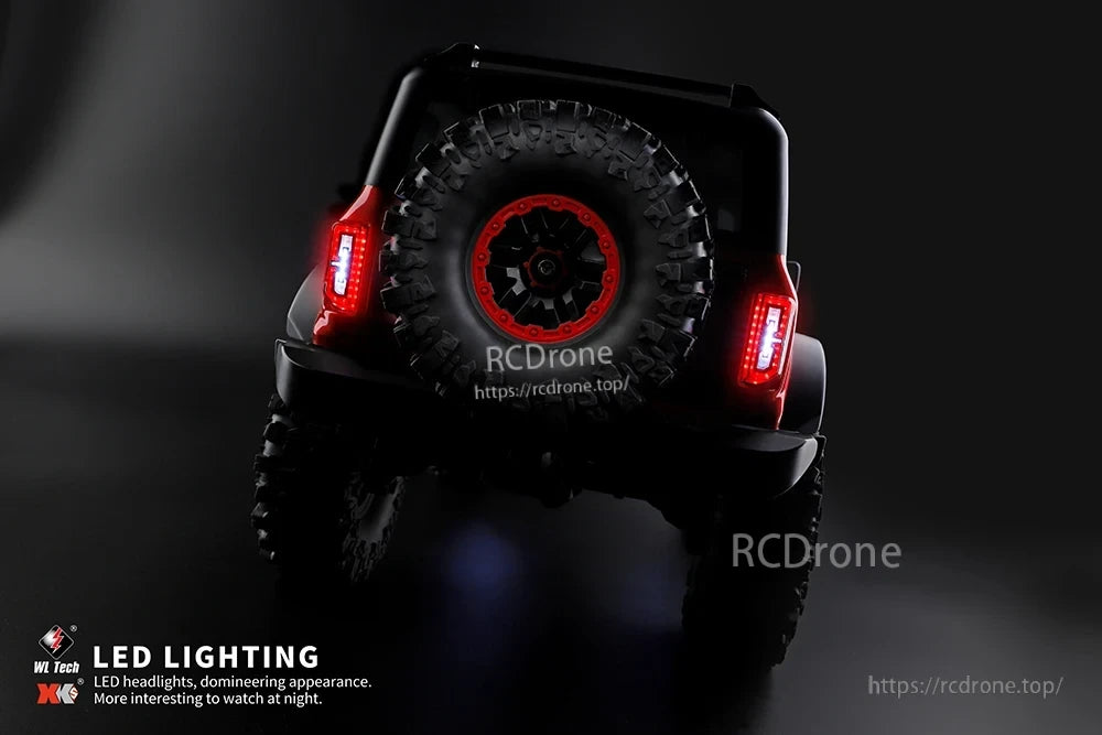 WLtoys 104020 Rc Car, WL Tech XK LED lighting boosts night visibility with bright headlights and bold red accents for a striking look.