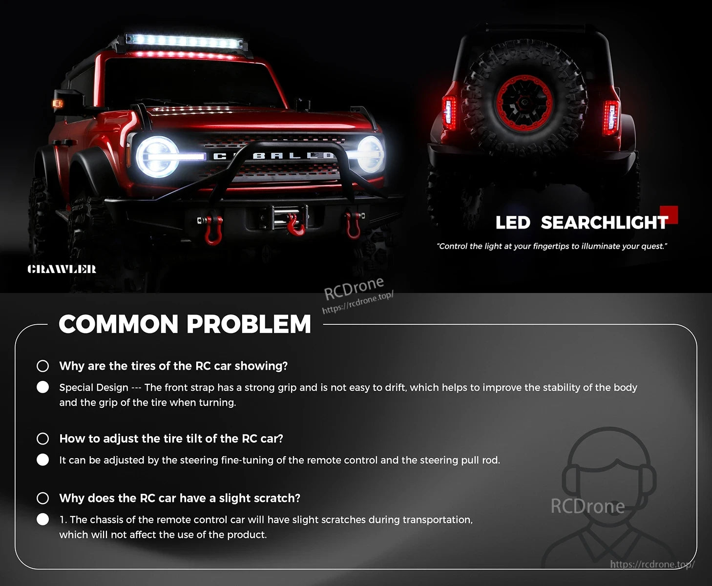 WLtoys 104020 Rc Car, Red RC crawler features LED searchlight, strong tires, adjustable steering tilt, and smooth control. Shows minor scratches but has excellent finish and visibility.