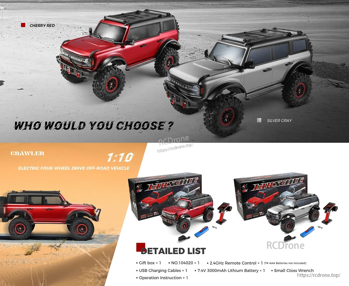 WLtoys 104020 Rc Car, WLtoys 104020 1:10 scale 4WD RC car in cherry red or silver gray, includes controller, battery, charger, tools, and instructions for off-road fun.