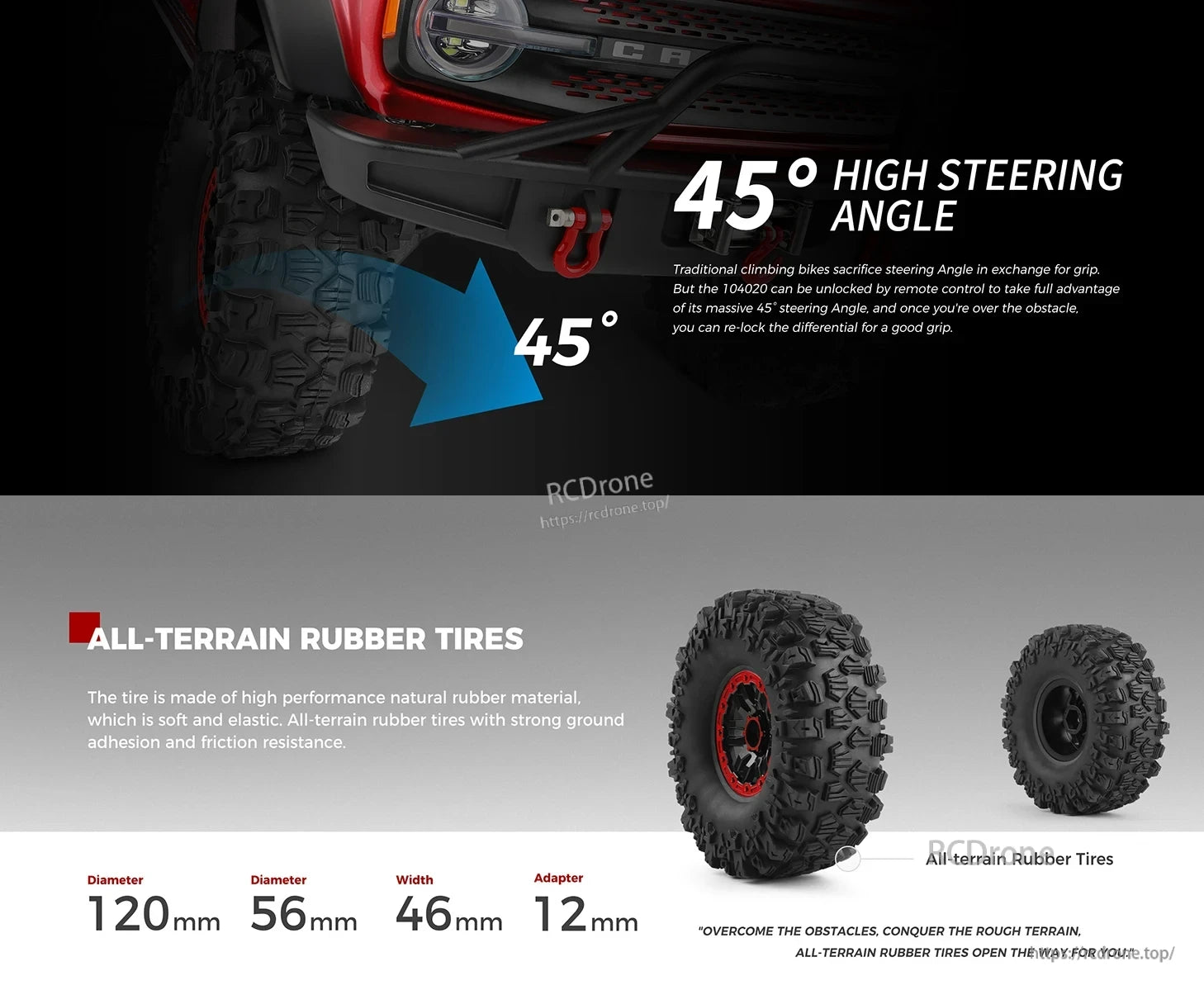 WLtoys 104020 Rc Car, 45° steering angle improves maneuverability; all-terrain rubber tires (120mm diameter, 56mm width) provide excellent grip and durability.