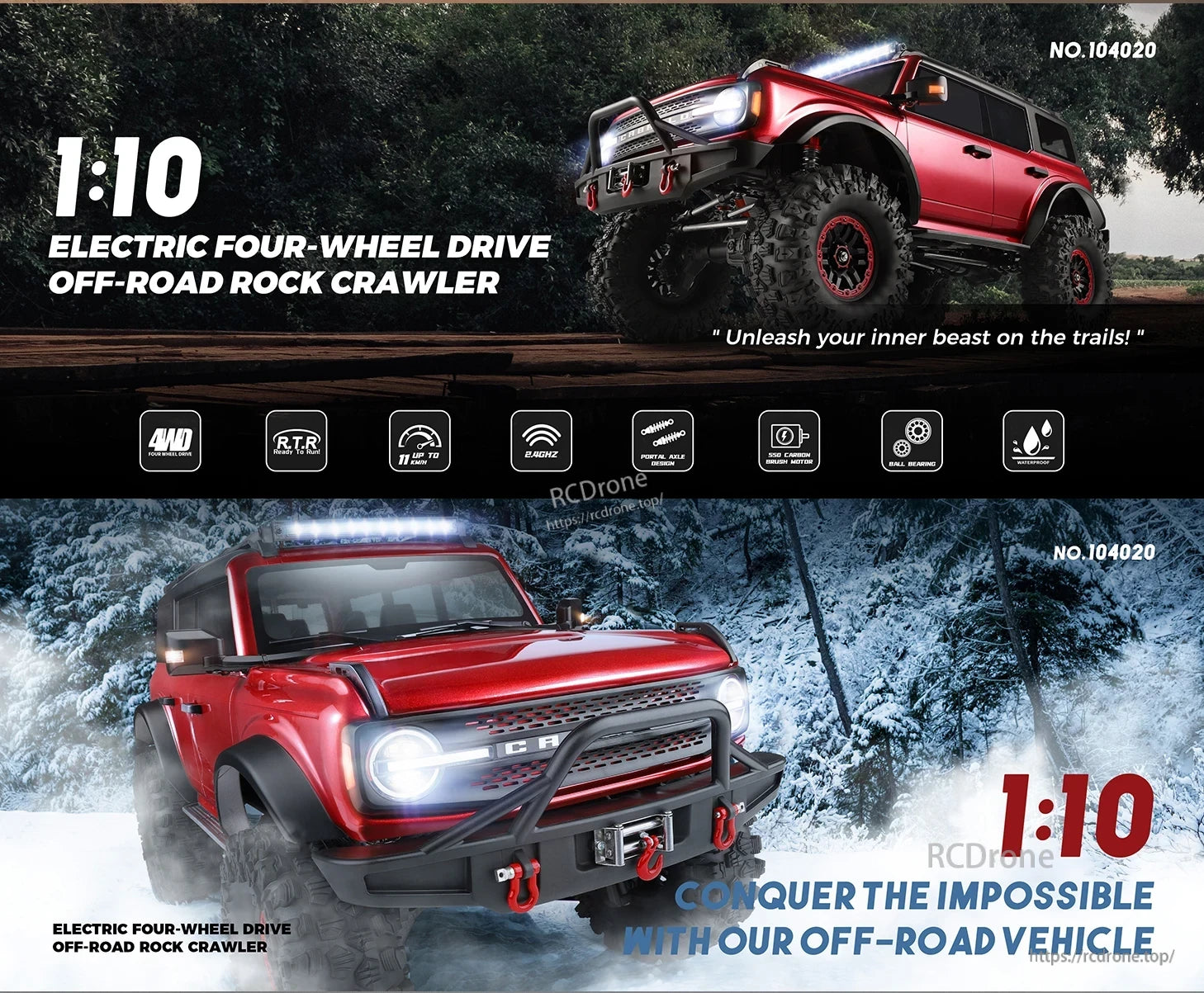 WLtoys 104020 Rc Car, 1:10 scale 4WD rock crawler with R.T.R, 2.4GHz, waterproof design, 500 motor, ball bearings, portal axle, reaches 11 km/h—built for extreme off-road challenges.