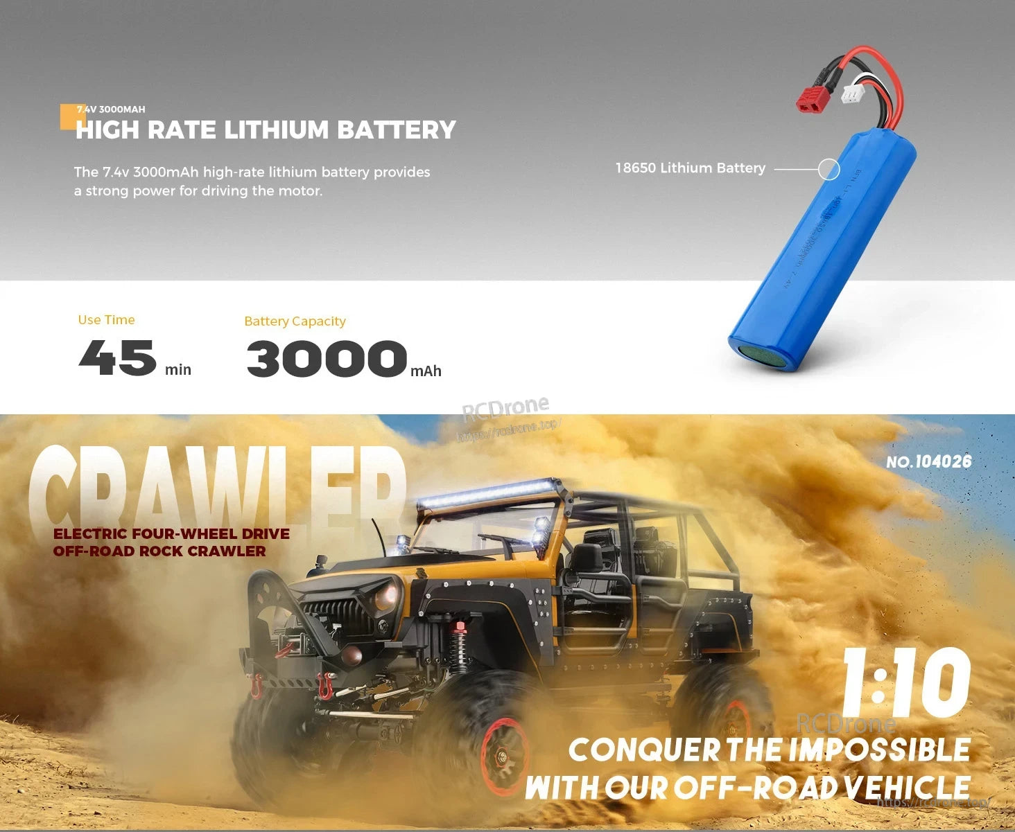 WLtoys 104026 1/10 Rc Car, This 1:10 scale 4WD rock crawler features a 7.4V 3000mAh battery, durable design, and powerful performance, ideal for off-road adventures lasting up to 45 minutes.