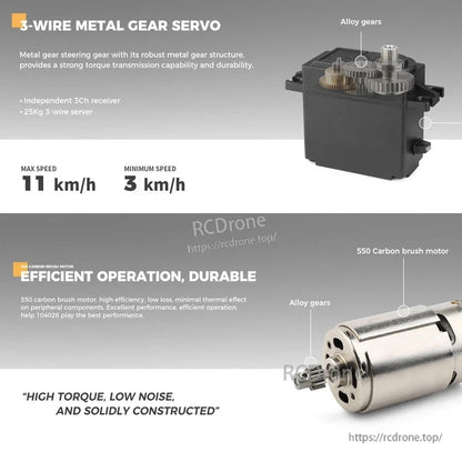 WLtoys 104026 1/10 Rc Car, High-torque 25kg servo with alloy gears, 550 motor, 3–11 km/h speed range; efficient, quiet, and durable for reliable performance.