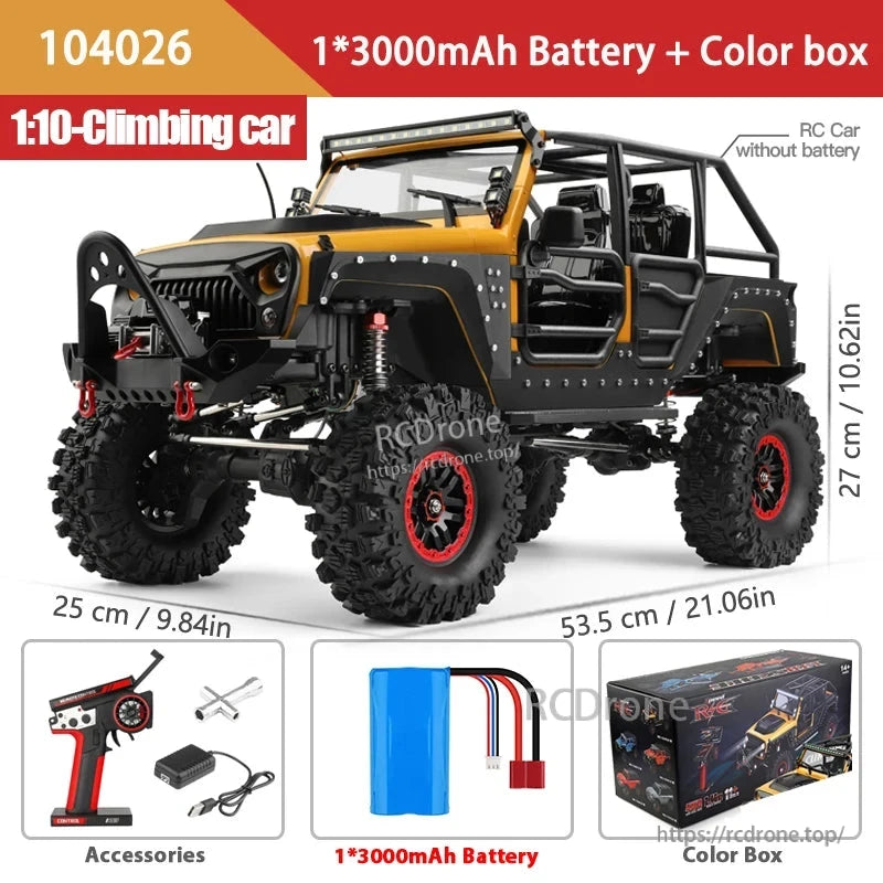 WLtoys 104026 1/10 Rc Car, WLtoys 104026 1:10 scale 4WD RC crawler with 2.4G remote, electric winch, 3000mAh battery (45min runtime), 100m range; includes charger and box. Dimensions: 53.5 x 25 x 27cm.