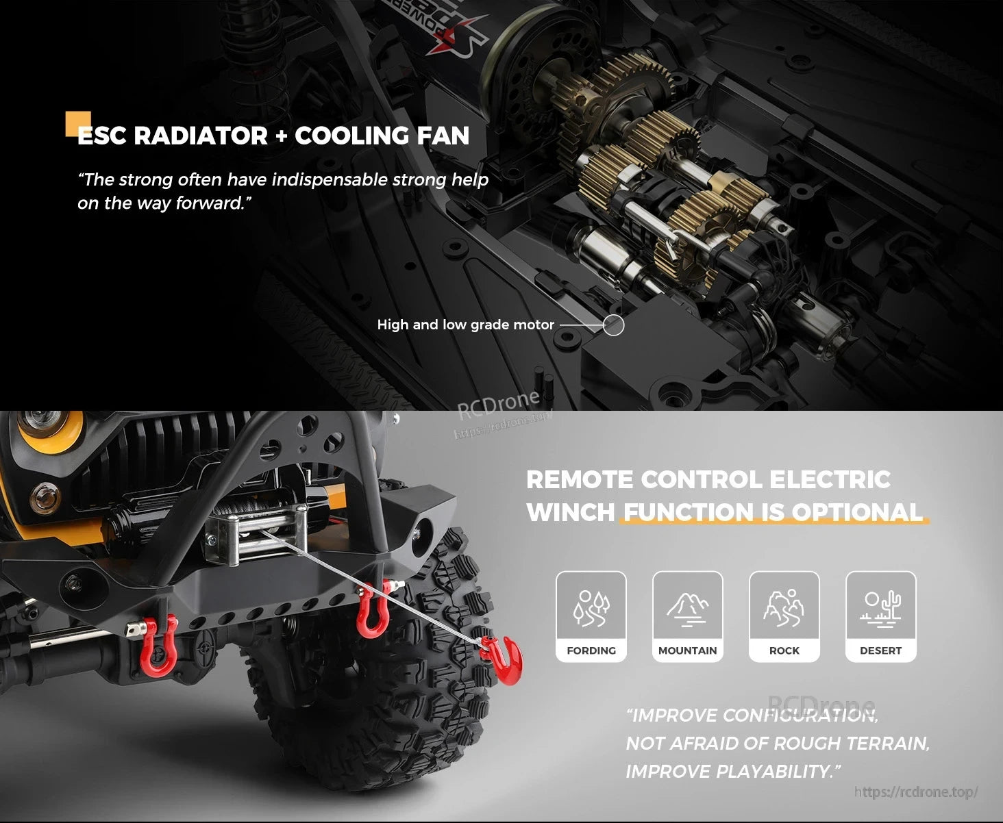 WLtoys 104026 1/10 Rc Car, ESC radiator, cooling fan, and dual-grade motors enhance performance; optional electric winch improves off-road capability in rugged terrains.
