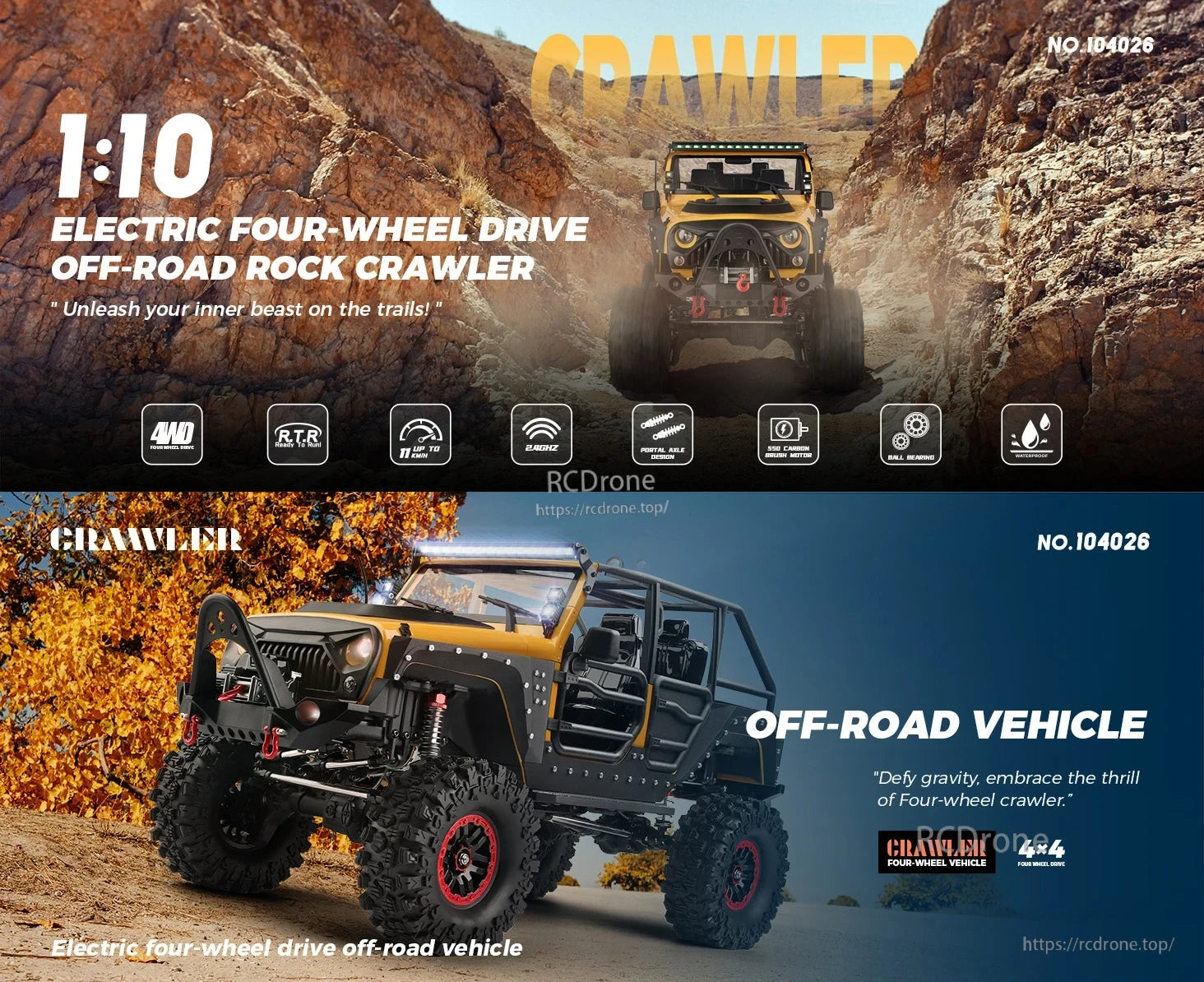 WLtoys 104026 1/10 Rc Car, 1:10 scale 4WD RTR rock crawler with 2.4GHz, 550 motor, portal axles, ball bearings, waterproof; reaches 11 km/h—built for extreme off-road thrills.