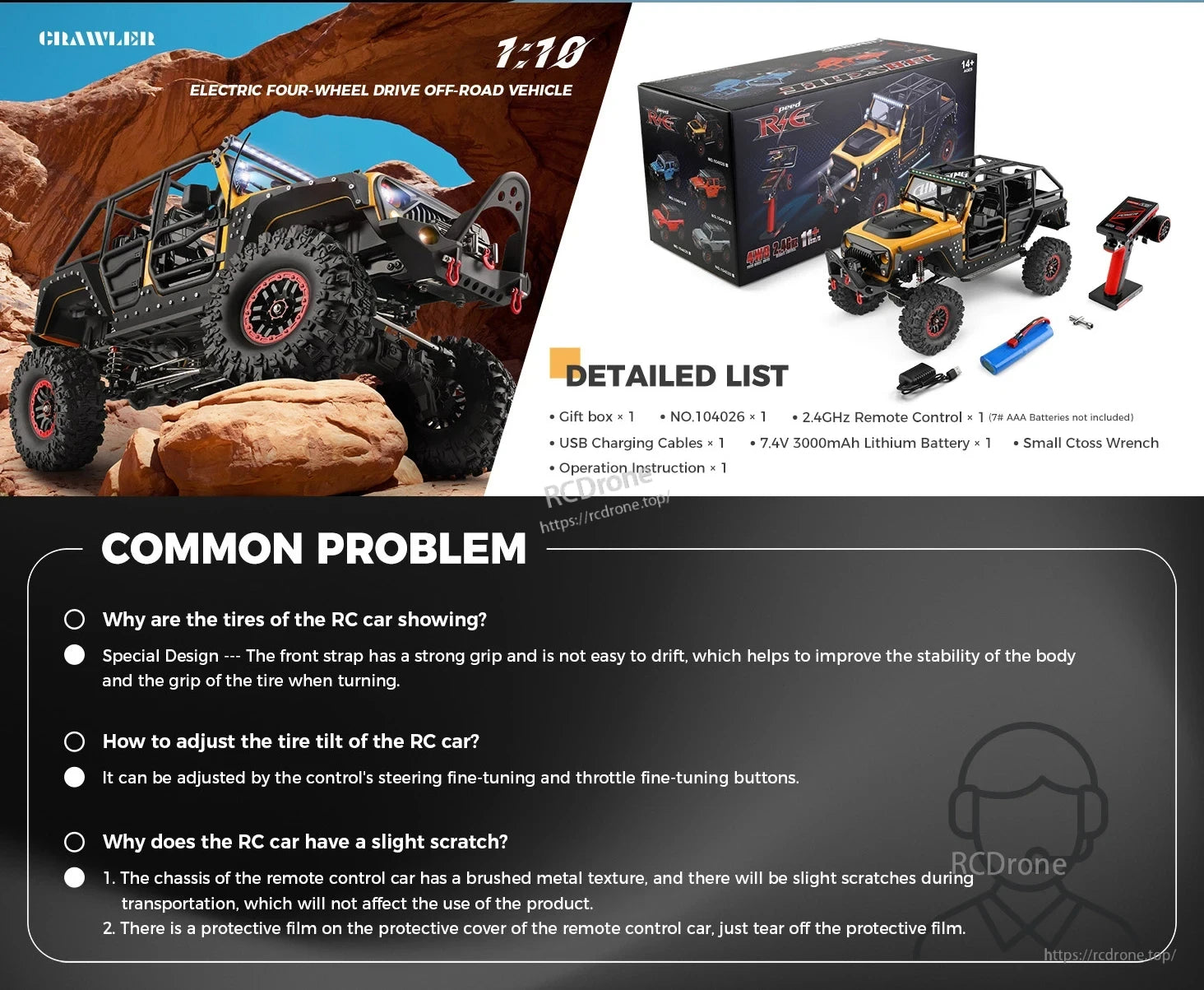 WLtoys 104026 1/10 Rc Car, WLtoys 104026 1/10 scale 4WD RC crawler with durable tires, metal chassis, adjustable tilt. Includes battery, charger, remote, tools, instructions. Minor scratches normal; protective film provided.