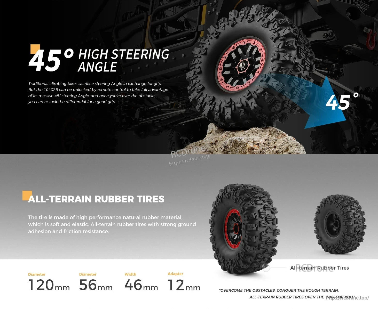 WLtoys 104026 1/10 Rc Car, 45° steering and rugged 120mm all-terrain tires ensure precise navigation and durability on rough surfaces.