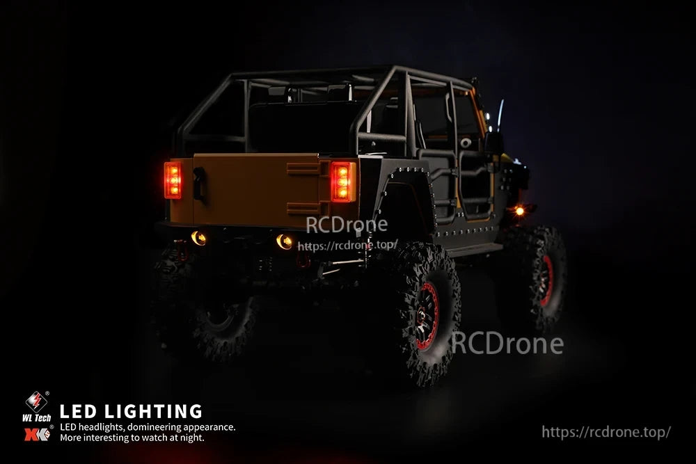 WLtoys 104026 1/10 Rc Car, WL Tech LED lights and headlights enhance the drone's bold look, making it more striking and visually appealing at night.