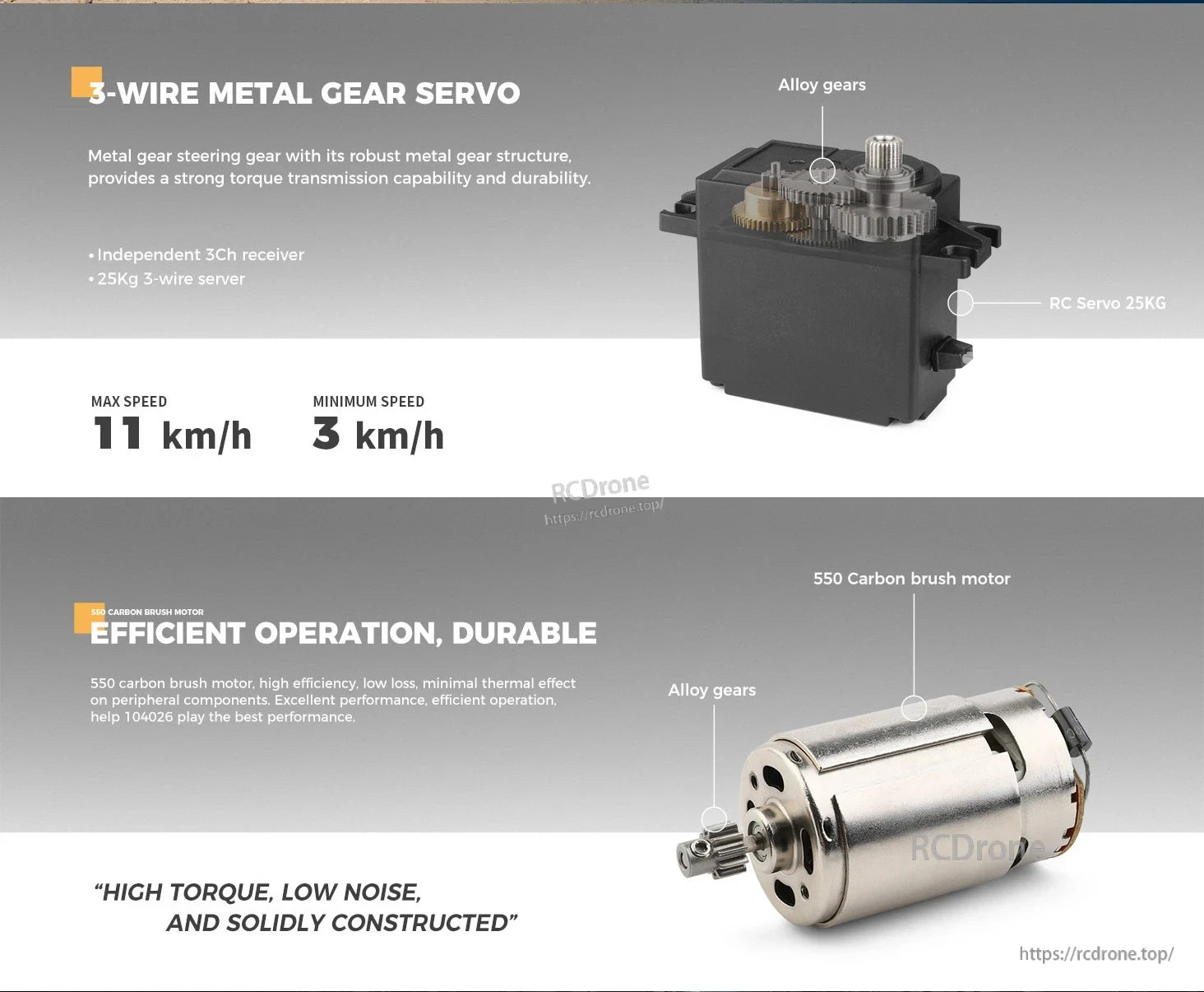 WLtoys 104026 1/10 Rc Car, High-torque 25Kg metal gear servo with alloy gears, 550 motor, 11 km/h speed, durable, low-noise design for robust performance.